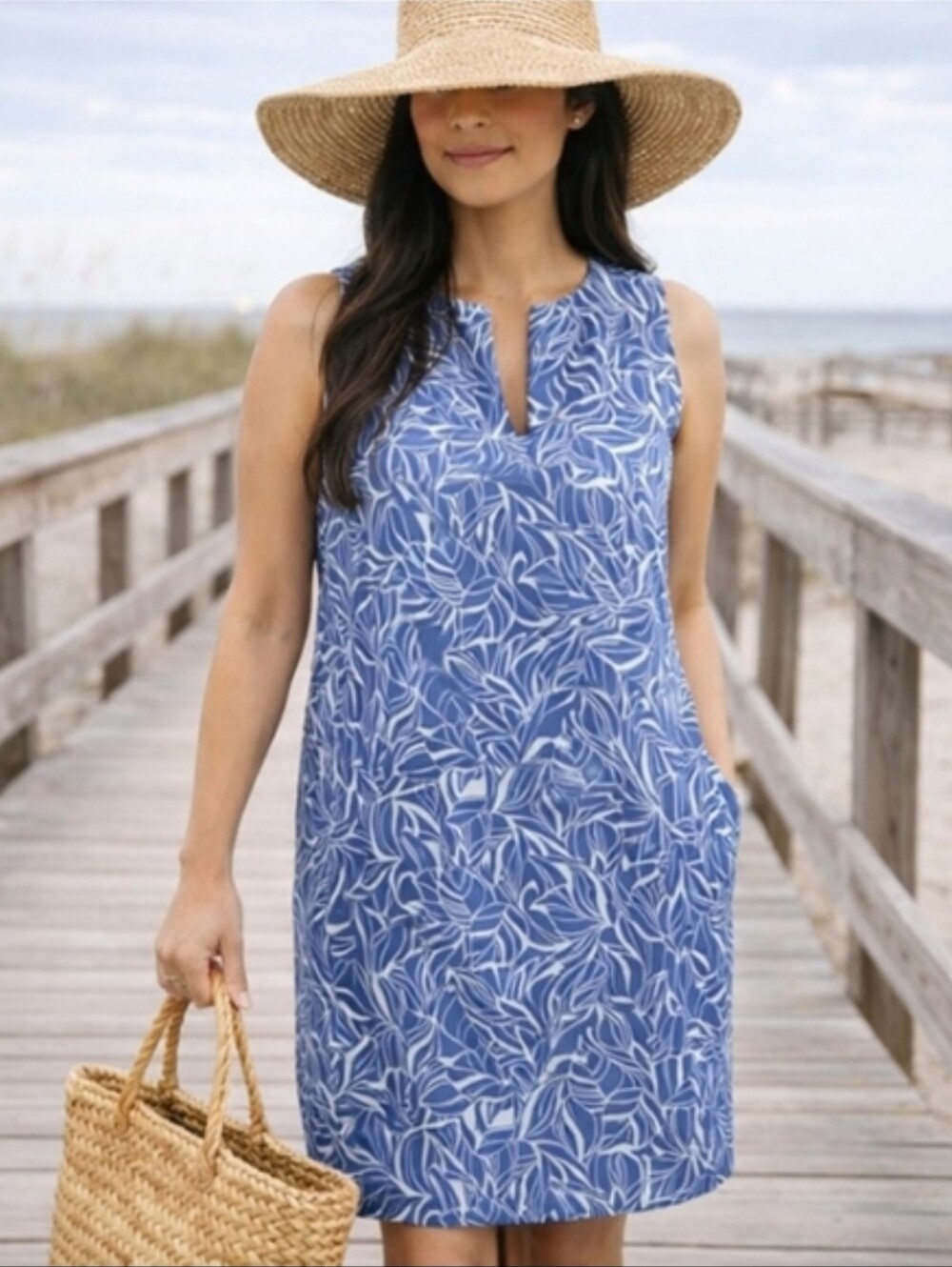 J. McLaughlin Blue Shift Charlee Leaf Print Sleeveless Cotton Coastal Sz S